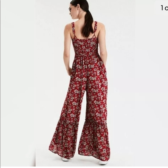 American Eagle Red Floral Wide Leg Jumpsuit Sweetheart Neck Padded Womens Size 4 - Picture 2 of 12